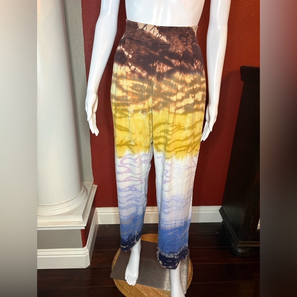 Raquel Allegra Tie Dye Acid Wash Easy Pants 100% Cotton Size 3 Blue Yellow Brown